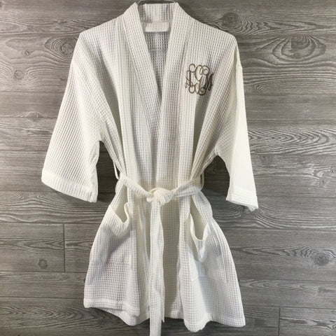Robe, Short Kimono Style Waffle Texture, White Polyester and Cotton