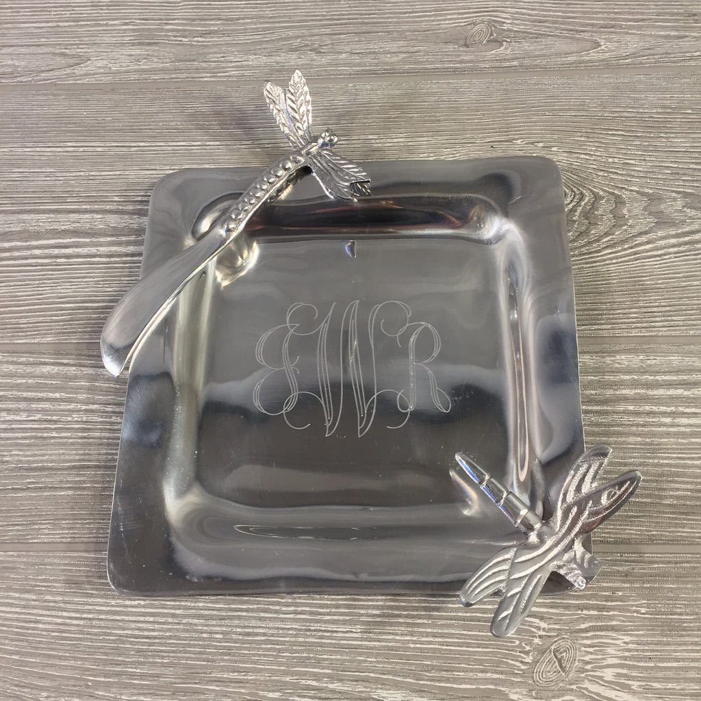 Decorative, Silver Dragonfly Tray with Spreader