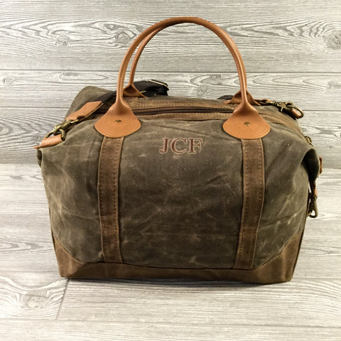 Distressed Waxed Canvas Weekender, Olive Green with Brown Trim and Tan Leather Handles