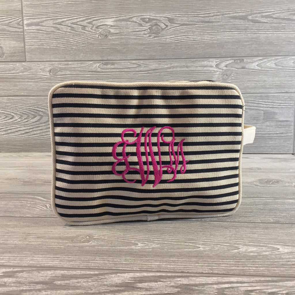 Makeup Bag, Canvas with Navy Pinstripe Pattern