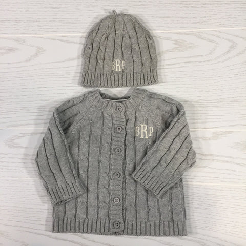 Kids and Babies, Cable-Knit Sweater and Matching Hat, Gray