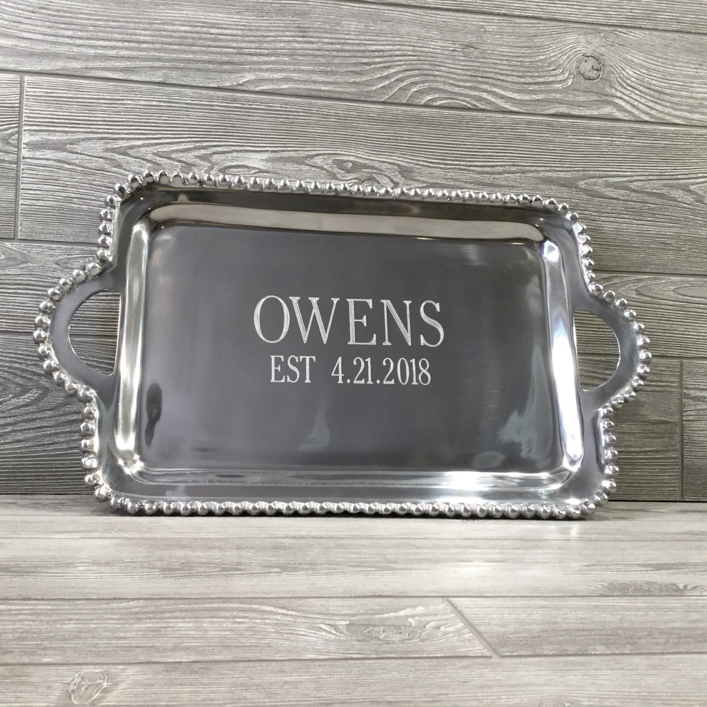 Beaded Silver Rectagular Platter with Handles, Two Lines of Engraving