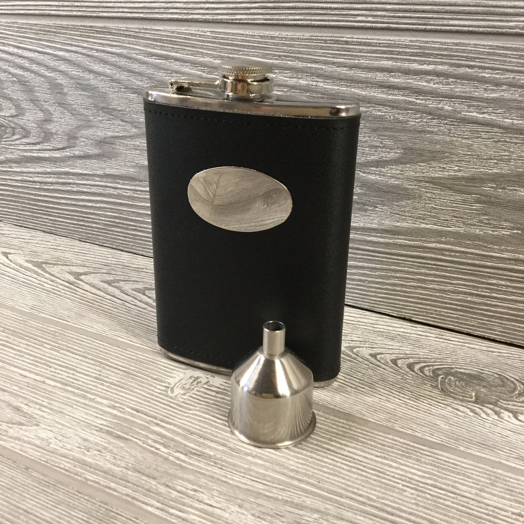 Flask, Stainless Steel, Genuine Black Leather Flask & Funnel, Disk