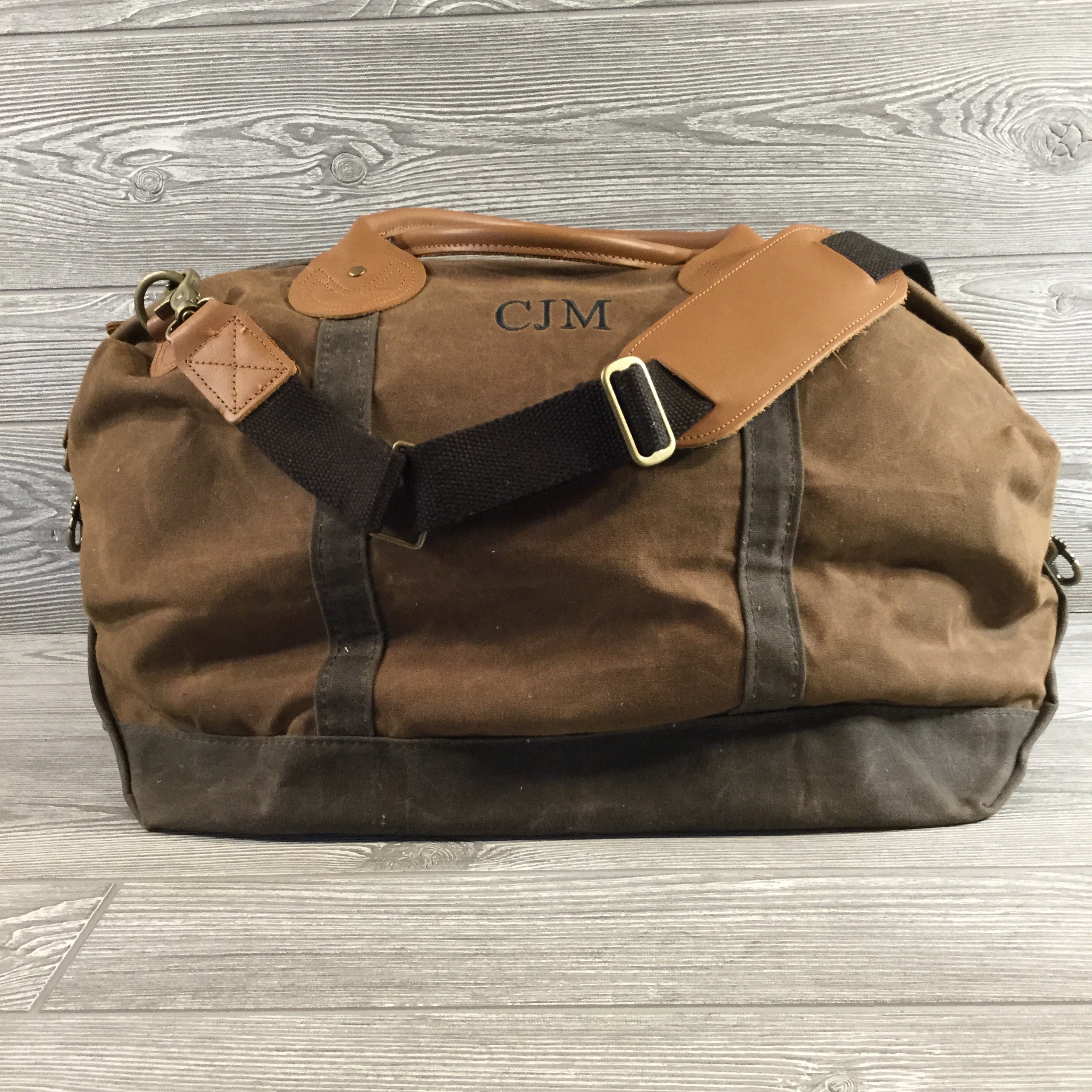 Distressed Waxed Canvas Weekender, Brown with Olive Green Trim and