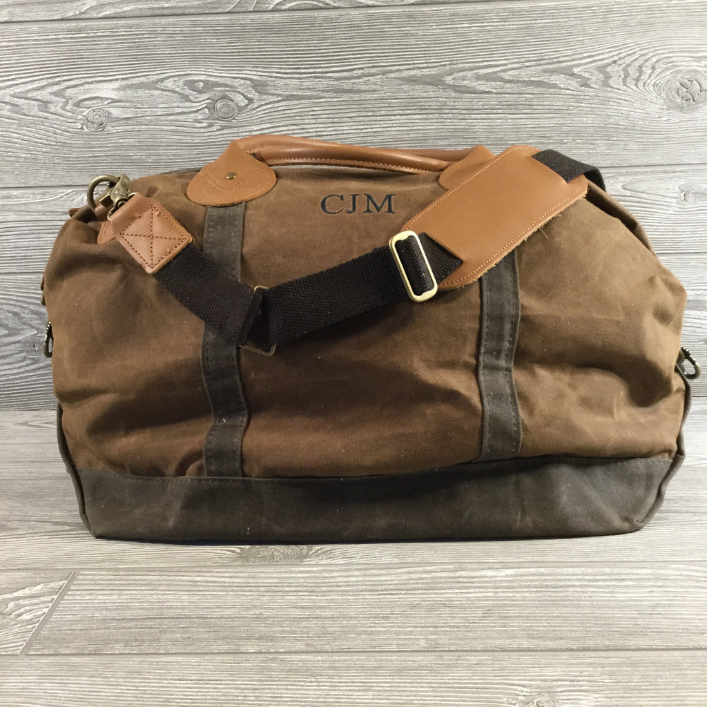 Distressed Waxed Canvas Weekender, Brown with Olive Green Trim and Tan Leather Handles