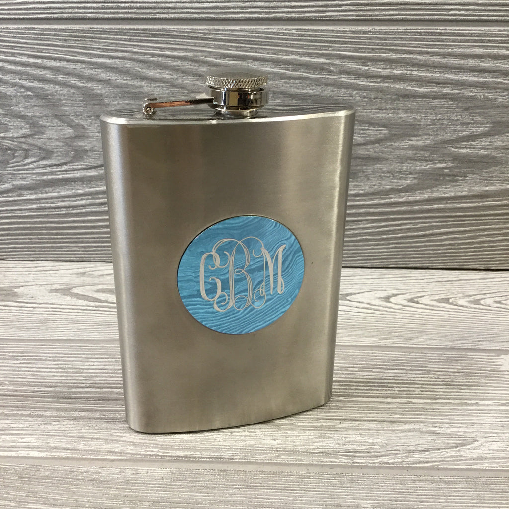 Engraved Stainless Steel Silver Flask with Black Or Aqua Blue Medallion & Funnel